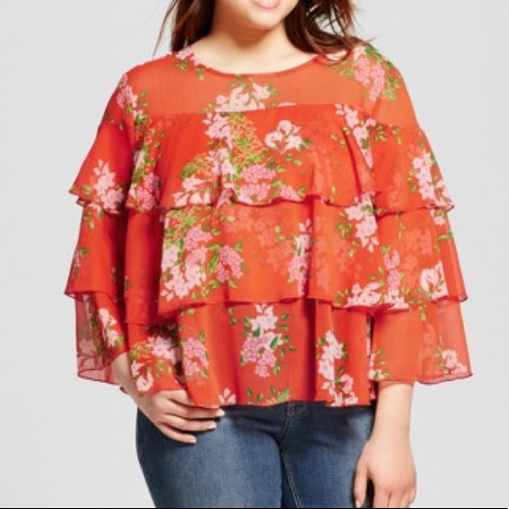WHO WHAT WEAR FLORAL LAYERED RUFFLE BLOUSE TOP